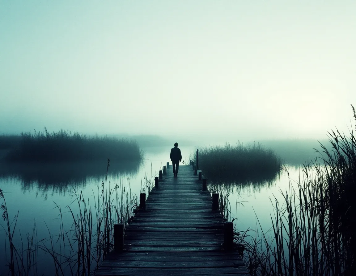 A still tidal canal and reed marsh on Long Island’s South Shore at first light, with a weathered wooden dock in the mist